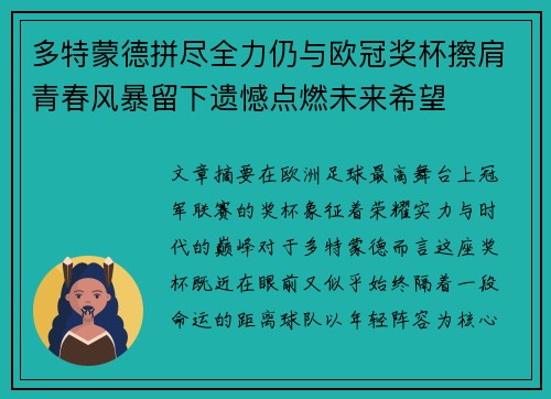 多特蒙德拼尽全力仍与欧冠奖杯擦肩青春风暴留下遗憾点燃未来希望