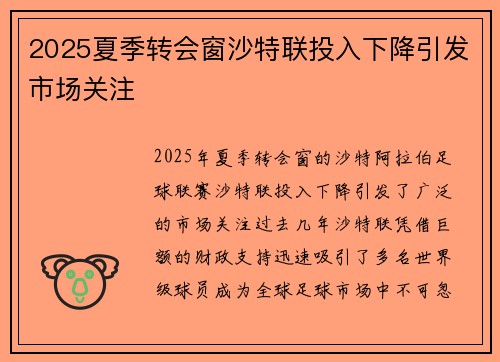 2025夏季转会窗沙特联投入下降引发市场关注 2025夏季转会窗沙特联投入下降引发市场关注