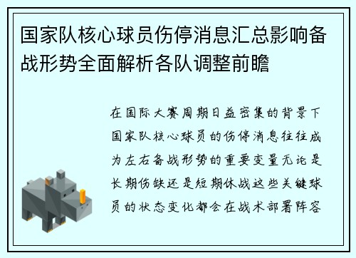 国家队核心球员伤停消息汇总影响备战形势全面解析各队调整前瞻 国家队核心球员伤停消息汇总影响备战形势全面解析各队调整前瞻